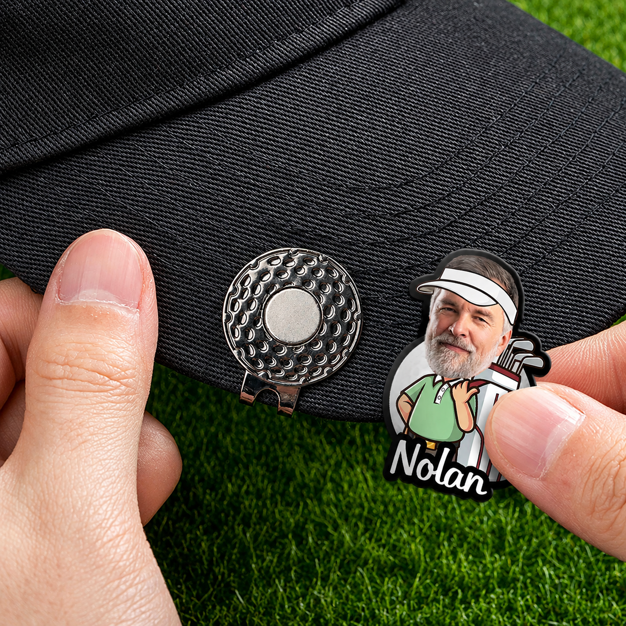 Personalized Nolan photo cartoon golf ball marker with magnetic hat clip on black golf cap
