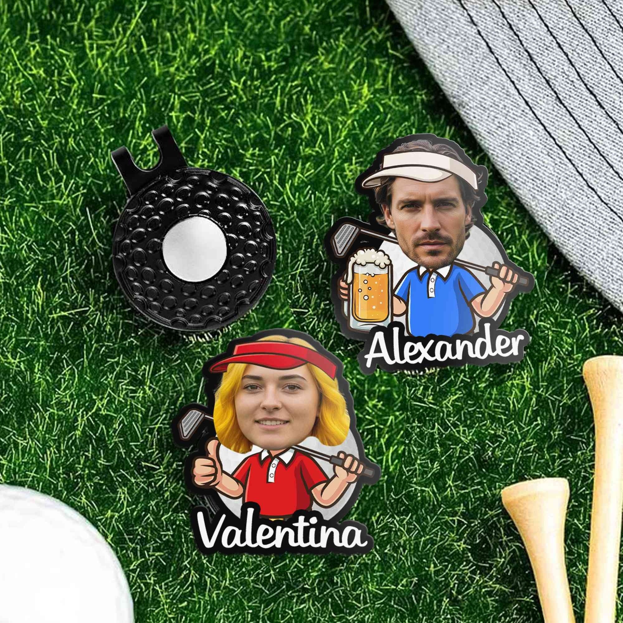 Personalized Alexander and Valentina cartoon golf ball markers with custom names