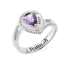 Silver class ring with purple heart-shaped gem, engraved '2023, High, Hannah' for personalized graduation jewelry.