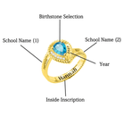 Gold class ring with labels for birthstone, school names, year, and inside inscription, featuring a blue gem.