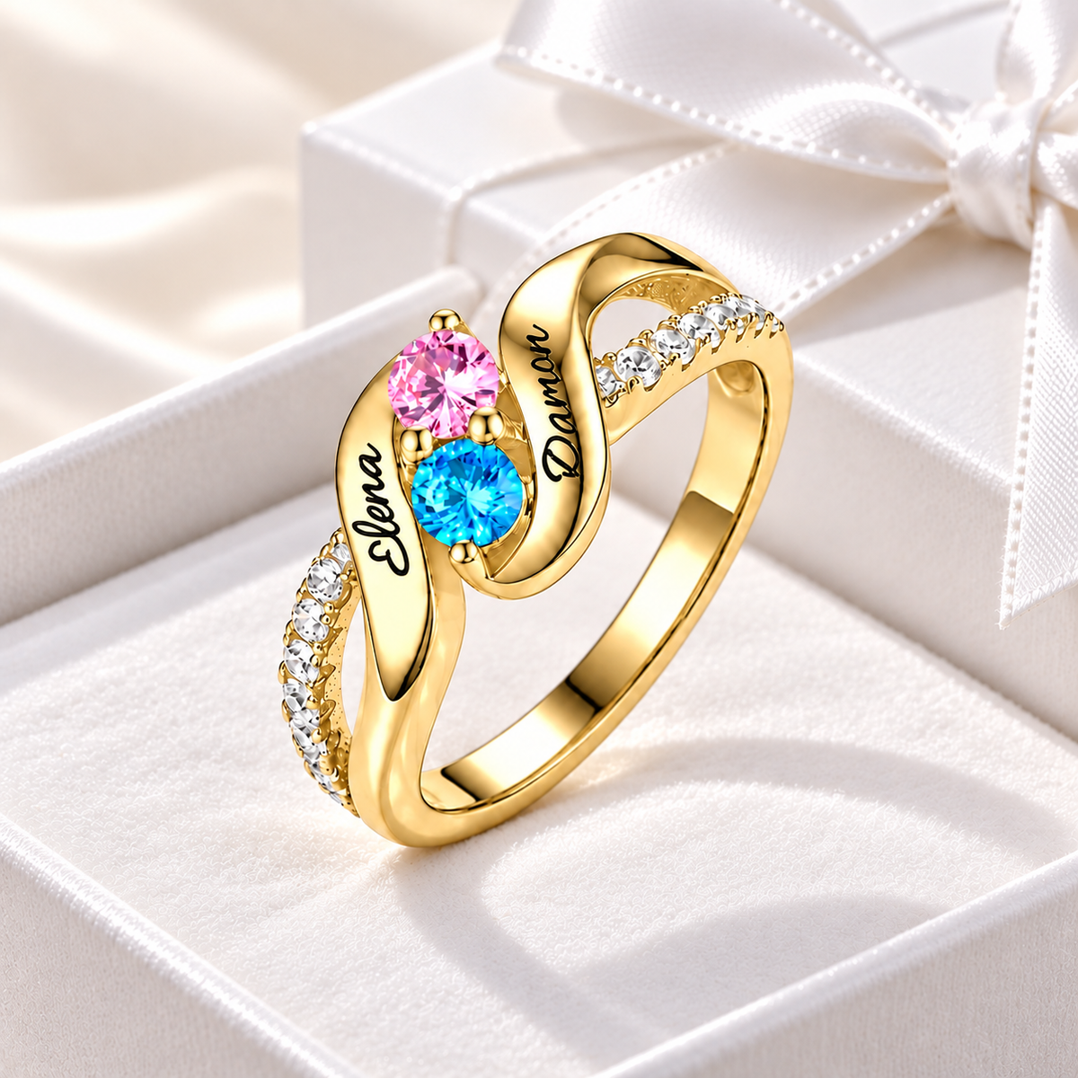 Gold personalized double birthstone ring with two birthstones and engraving