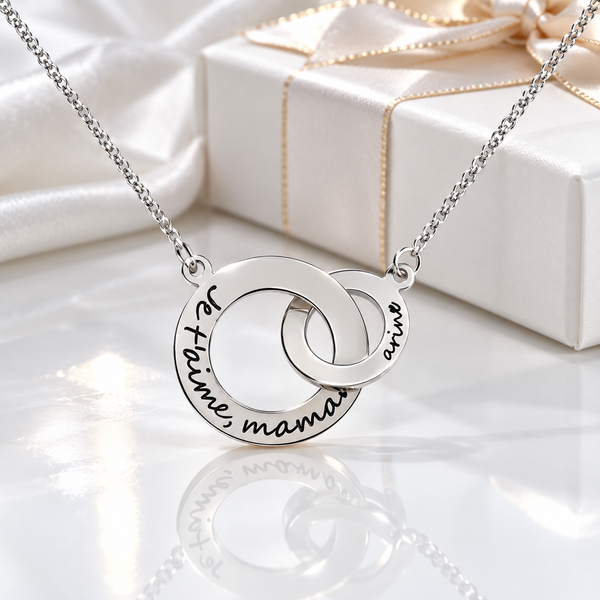 Personalized interlocking circle necklace with engraved names in silver