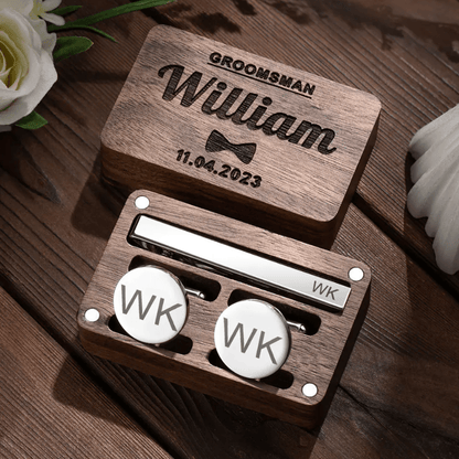 Custom Engraved Cufflink and Tie Clip Set with Personalized Wooden Gift Box – Ideal for Groomsmen, Weddings, Anniversaries, and Special Occasions - Belbren