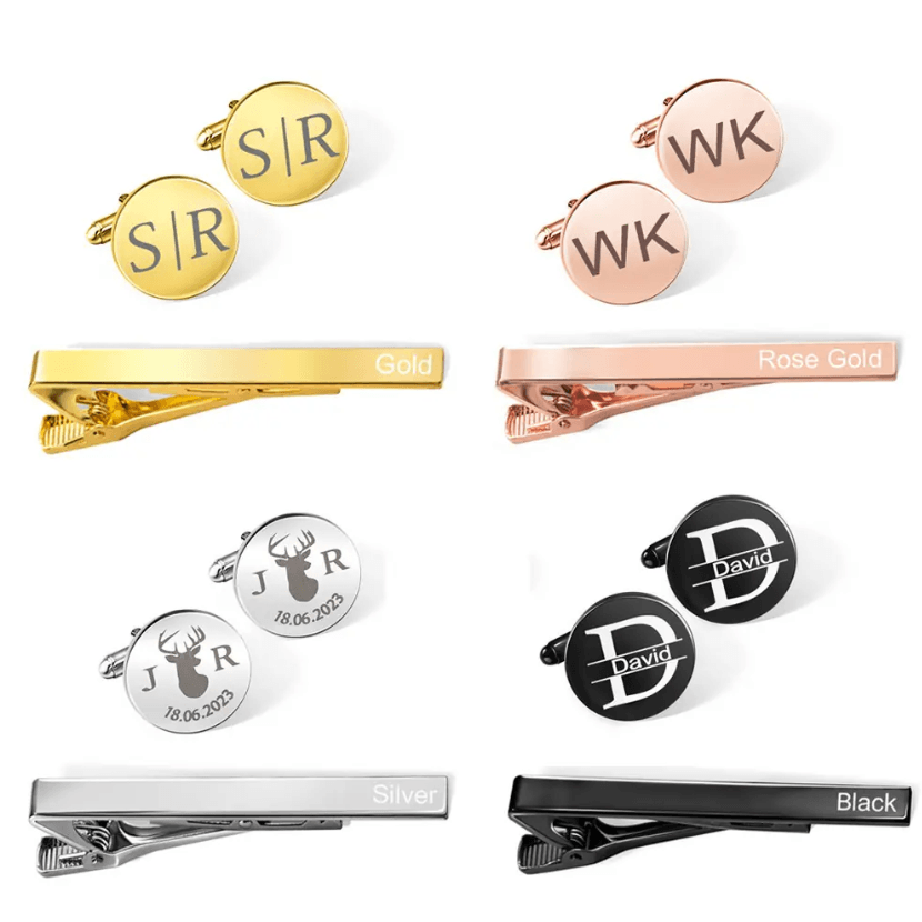 Custom Engraved Cufflink and Tie Clip Set with Personalized Wooden Gift Box – Ideal for Groomsmen, Weddings, Anniversaries, and Special Occasions - Belbren