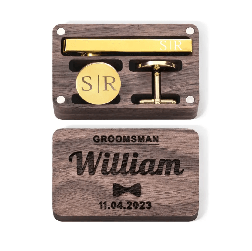 Custom Engraved Cufflink and Tie Clip Set with Personalized Wooden Gift Box – Ideal for Groomsmen, Weddings, Anniversaries, and Special Occasions - Belbren