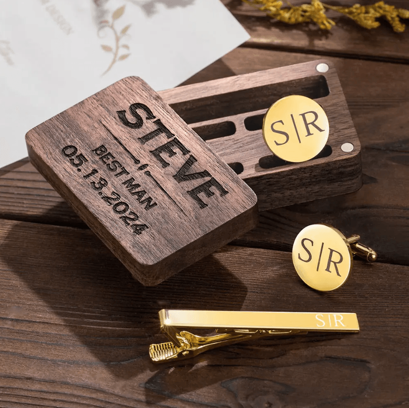 Custom Engraved Cufflink and Tie Clip Set with Personalized Wooden Gift Box – Ideal for Groomsmen, Weddings, Anniversaries, and Special Occasions - Belbren