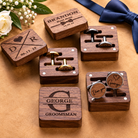 Personalized wooden cufflink gift sets with custom names dates and groomsman designs