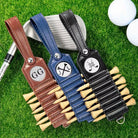 Personalized leather golf tee holders with engraved monograms and golf tees