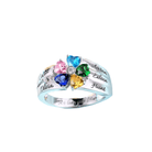 A silver ring with five heart-shaped gemstones in pink, blue, green, yellow, and blue, personalized with the names Cara, Olivia, Aaron, Eileen, and Hunt.