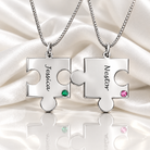 Silver personalized puzzle piece necklaces with names and colorful birthstones