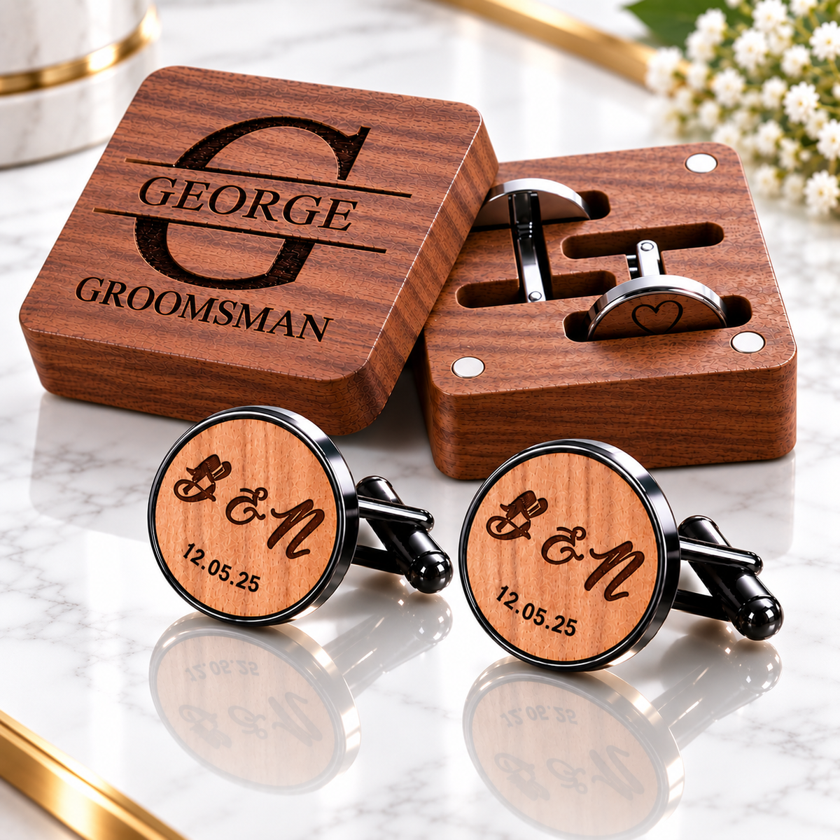 Personalized wooden cufflinks with engraved initials and matching walnut groomsman gift box