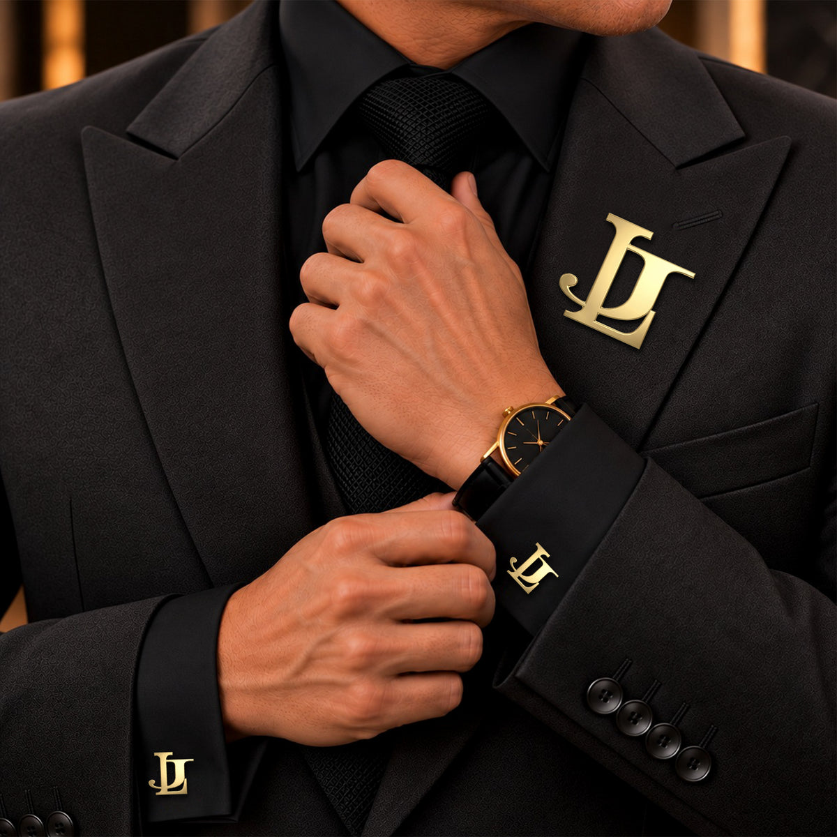 Gold entwined two-letter monogram lapel pin with matching cufflinks styled on a black suit.