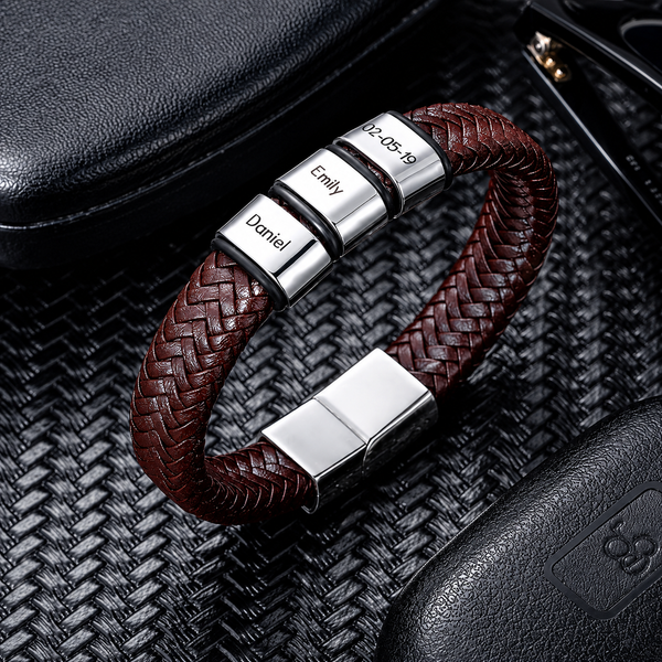 Custom Engraved Leather Bracelet for Men with Stainless Steel Beads – Personalized Gift for Him