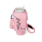 Pink custom name birth flower tumbler holder with phone pouch and crossbody strap