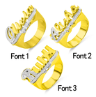 Three yellow gold name rings with 'Olivia', 'Alisha', and 'Ruby' in different fonts labeled as Font 1, Font 2, and Font 3.