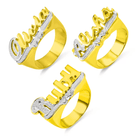 Three yellow gold name rings with 'Olivia', 'Alisha', and 'Ruby' in artistic silver and gold designs.