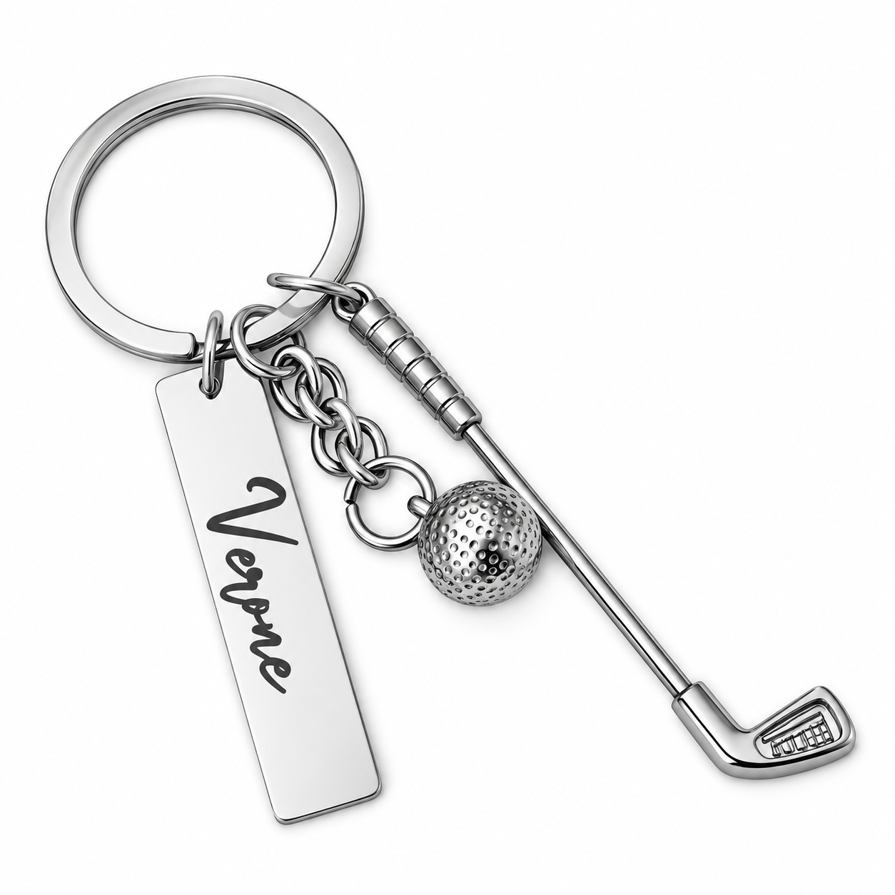 Personalized golf keychain with custom name plate, miniature golf club and golf ball charm on white background