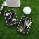 Custom photo golf divot tool gift sets displayed with golf club and ball on grass