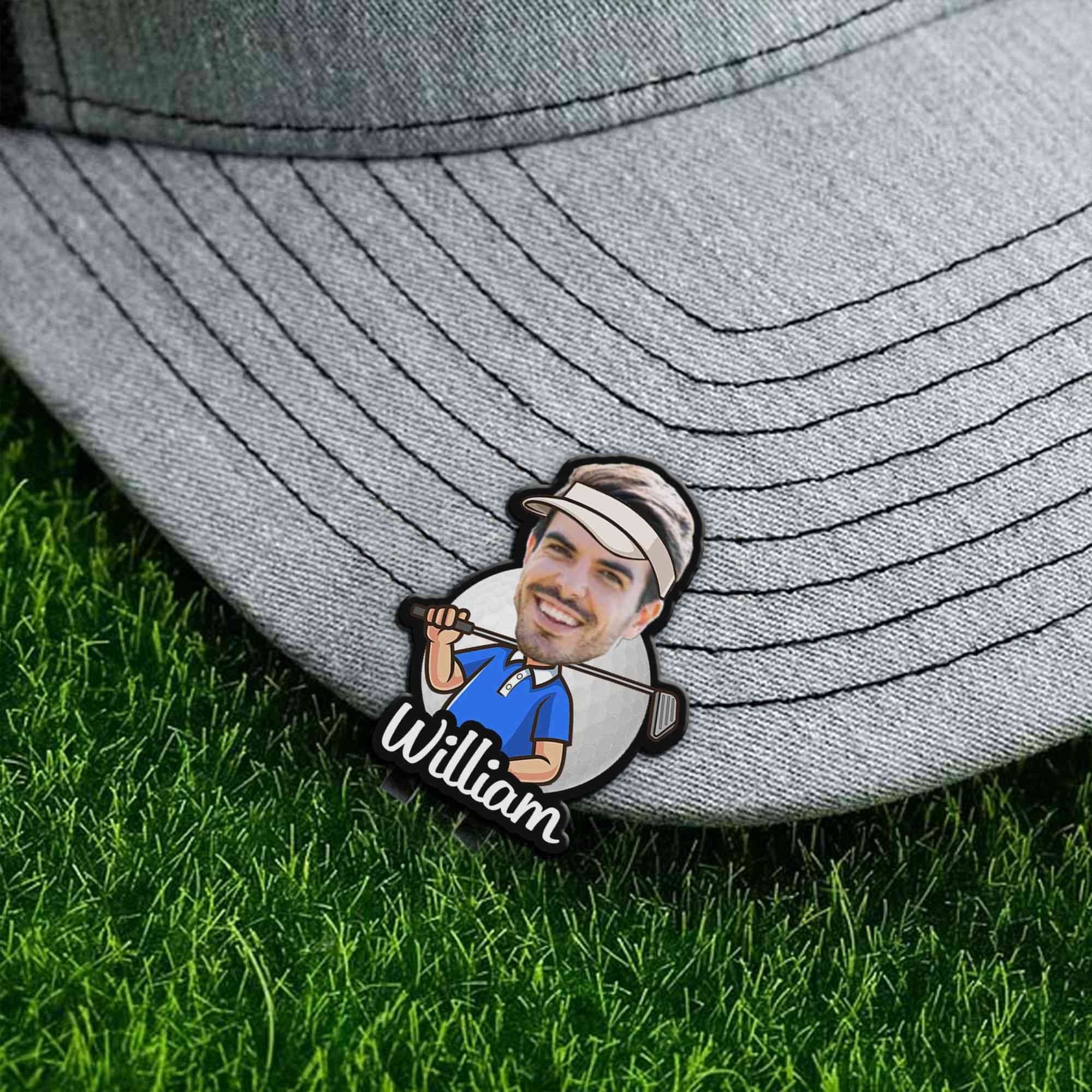 Personalized William photo golf ball marker attached to gray golf hat