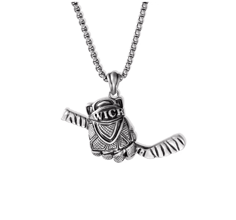 A silver necklace with a pendant shaped like a detailed hockey glove holding a single hockey stick, displayed against a white background.