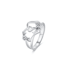 Customizable silver ring with a cursive initial and flower details on a white background.