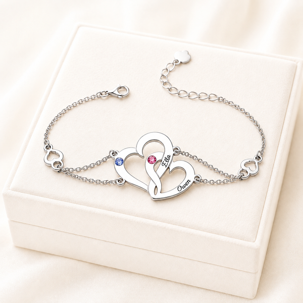 Sterling Silver Double Heart Bracelet | Personalized Couples & Mother Daughter Birthstone Bracelet