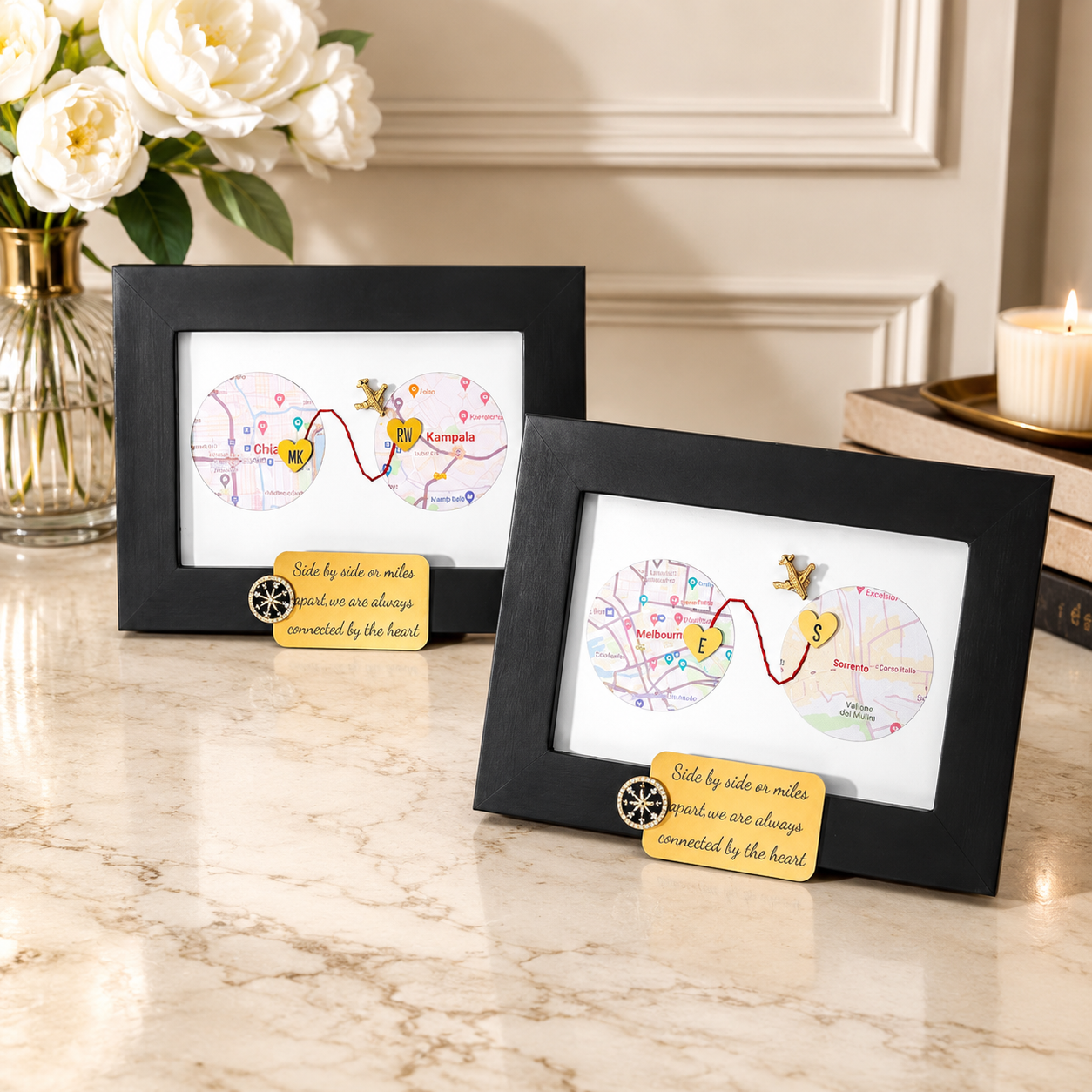 Two personalized map frames displayed together as long distance couple gifts