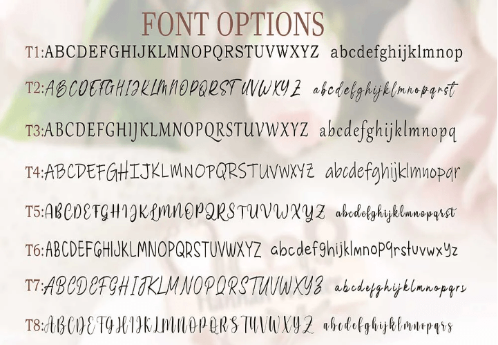 Font options for personalization, showing eight different font styles (T1 to T8) with uppercase and lowercase letters for customizing the Medical School Graduation Lapel Pin.