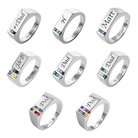 Collection of custom men's silver rings with personalized engravings and multicolored birthstones.