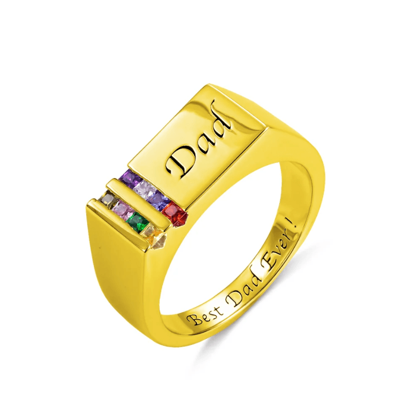 Gold 'Dad' ring with colorful birthstones and 'Best Dad Ever!' inscription.