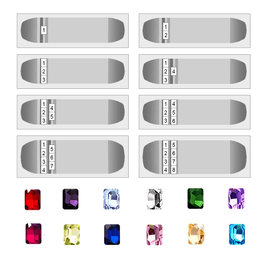 Customizable ring templates showing different slots for up to eight birthstones, with examples of various gem colors.