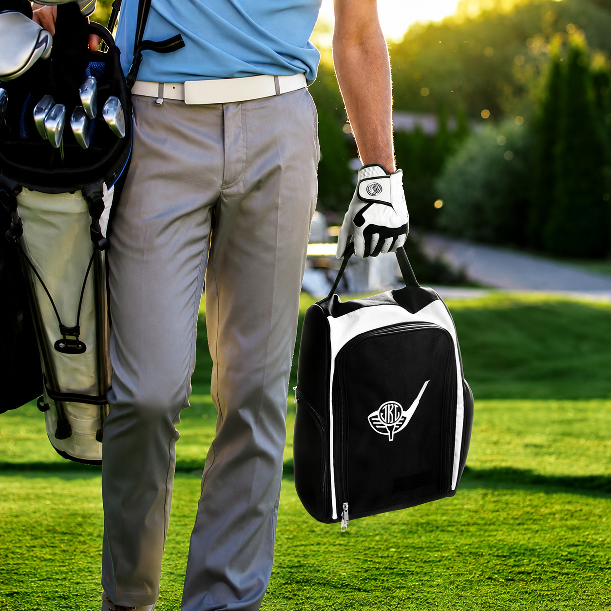 Golfer carrying personalized black and white golf shoe bag on the golf course