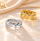 Custom mother's birthstone rings in gold and silver with engraved kids' names, colourful gemstones and an elegant intertwined ribbon design. 