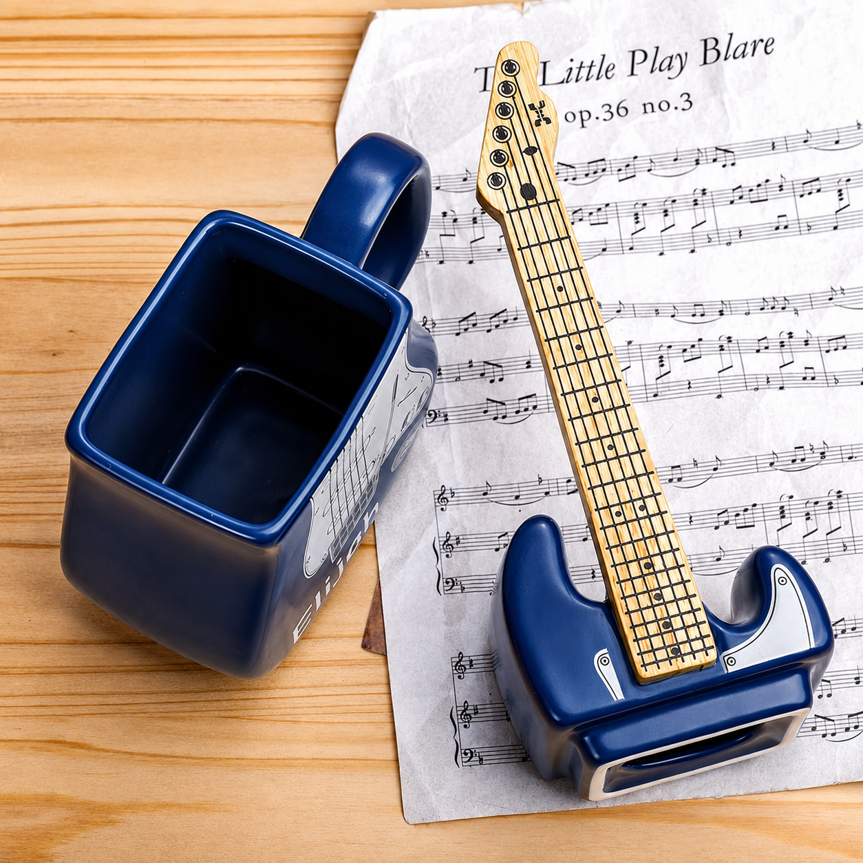 Personalised guitar mug showing removable guitar-shaped lid and ceramic mug