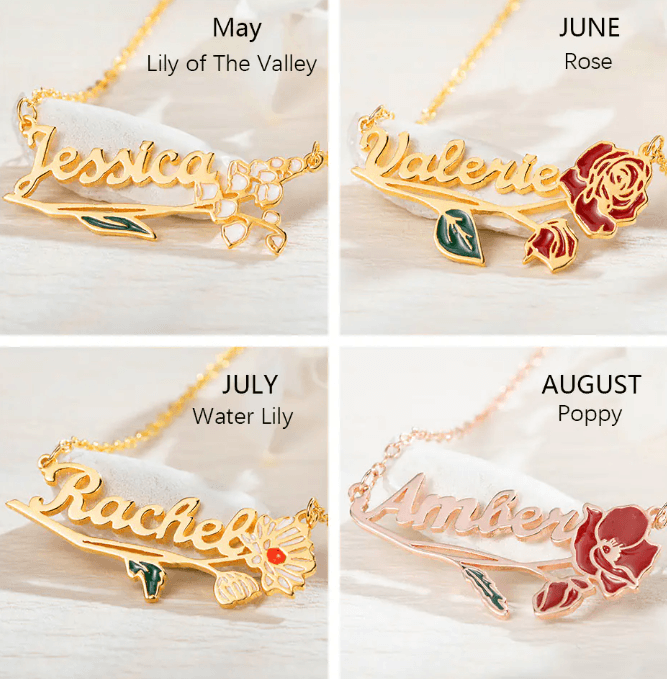 Custom Name and Birth Flower Necklace - A Unique Gift with Birthflower Charm for Mother's Day, Anniversaries, Weddings, and Valentine's Day - Belbren