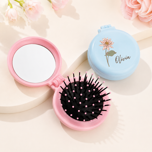 Personalized Birth Flower Hair Brush with Mirror | Custom Name Foldable Travel Hair Brush