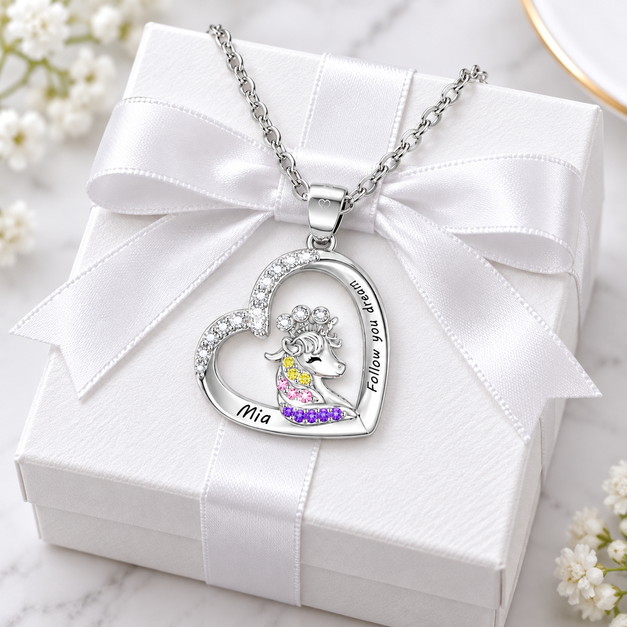 Silver personalized crowned unicorn necklace with sparkling heart pendant