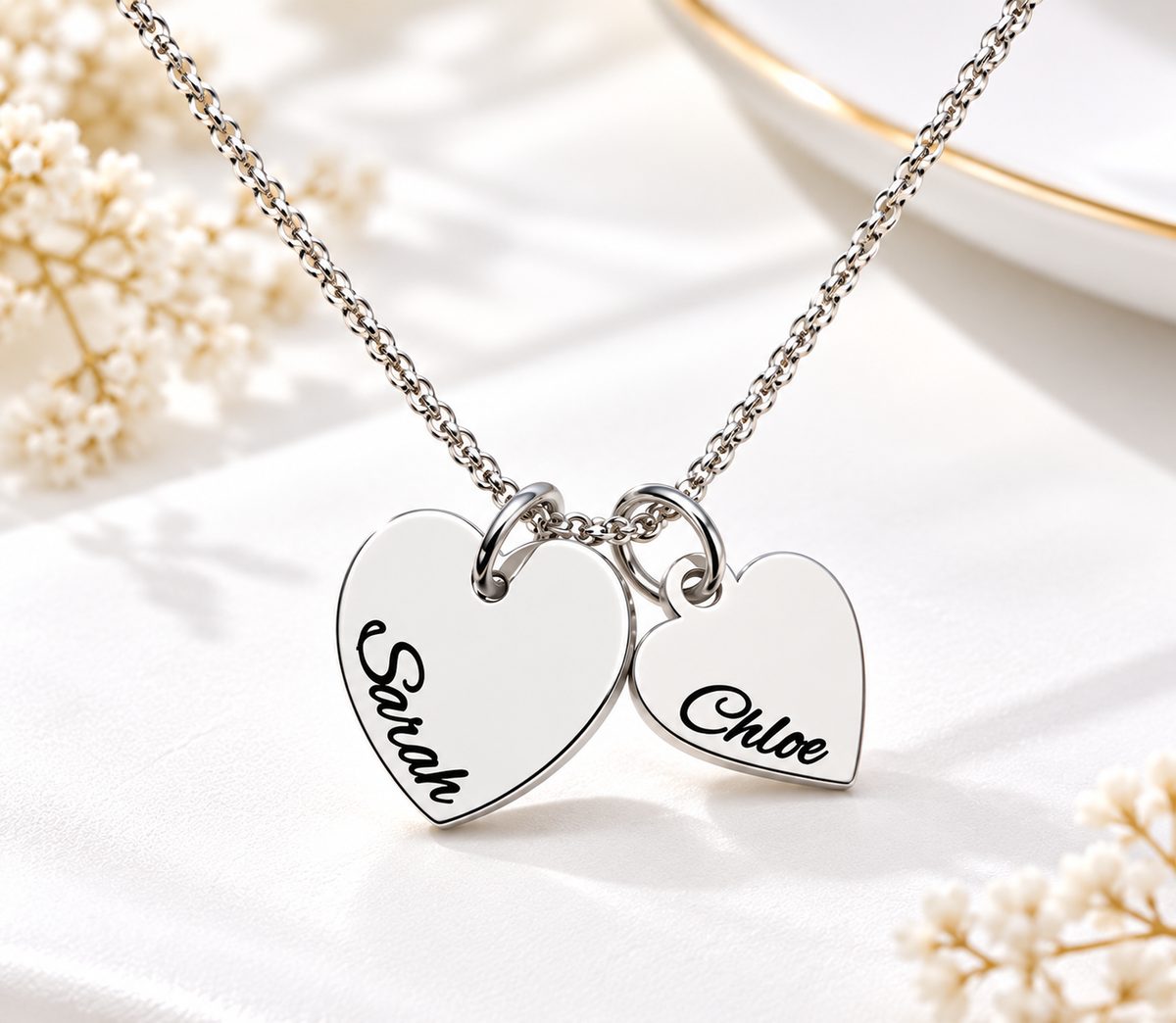 Silver double heart necklace with two custom engraved names