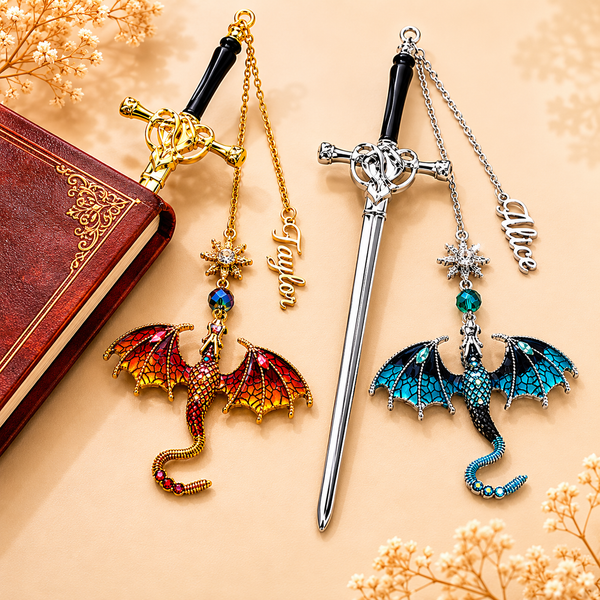 Personalized Name Fantasy Dragon Sword Bookmark | Custom Dragon Reader Gift