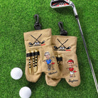Custom light brown golf ball sacks with names face photos and tee holders