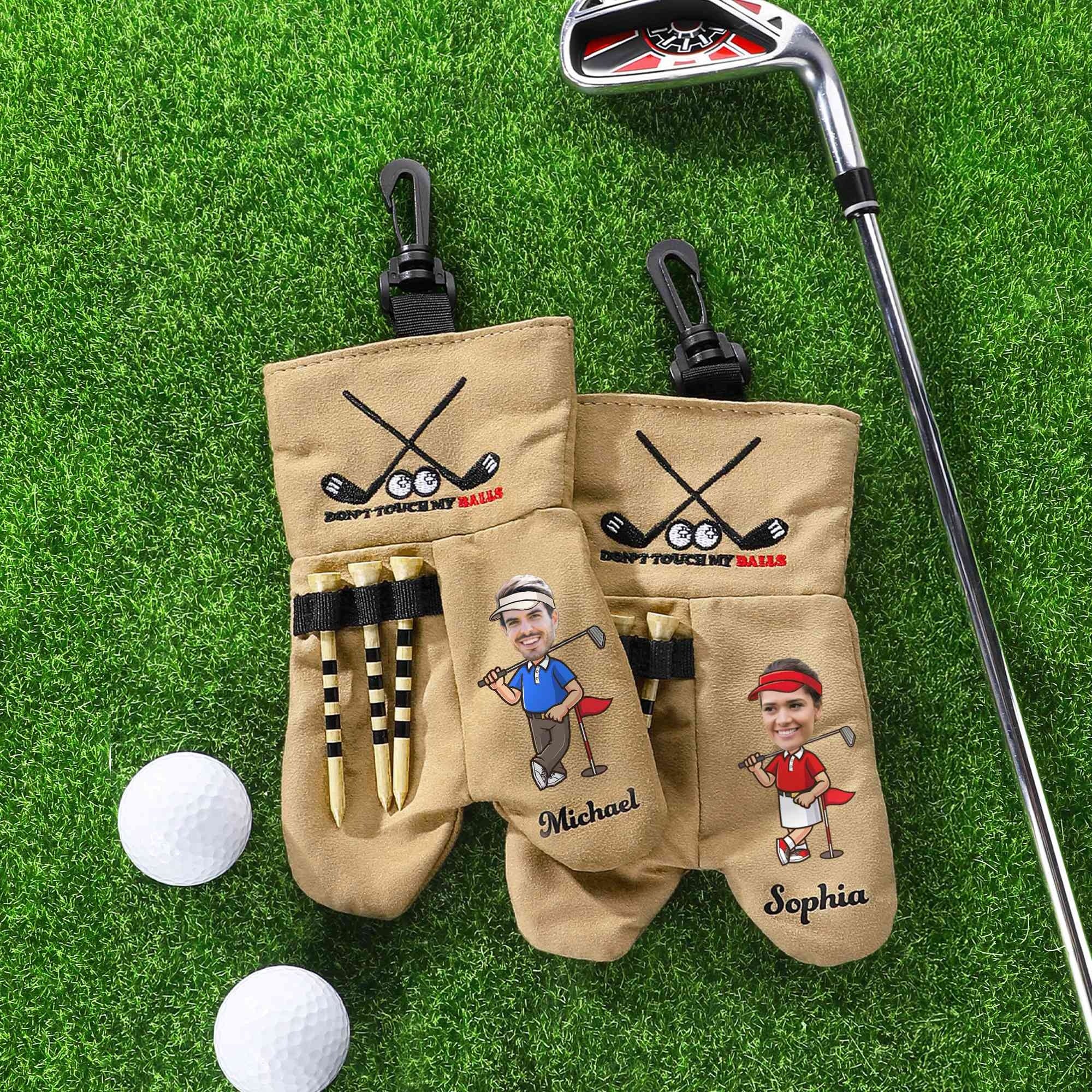 Custom light brown golf ball sacks with names face photos and tee holders