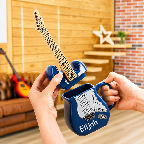 Personalised guitar-shaped ceramic coffee mug with custom name and removable guitar lid