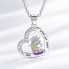 Personalized silver crowned unicorn necklace with asymmetrical heart pendant