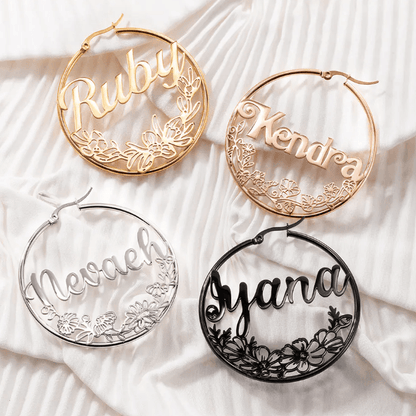 Custom Name Hoop Earrings with Personalized Birth Flower Design - Unique Gift for Women & Girls - Ideal Birthflower Jewelry - Belbren