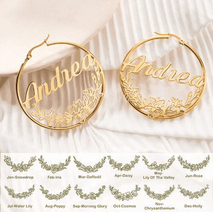 Custom Name Hoop Earrings with Personalized Birth Flower Design - Unique Gift for Women & Girls - Ideal Birthflower Jewelry - Belbren