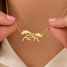 Personalized gold horse name necklace worn as equestrian jewelry
