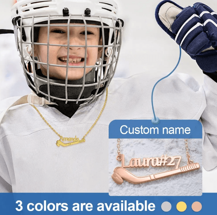 A young hockey player in full gear, wearing a gold custom name necklace. Inset shows a rose gold necklace with "Laura#27." Text reads "Custom name, 3 colors are available."