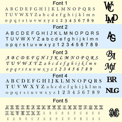 Alphabet and number sets in five different font styles, with sample monograms for customization options in each style.