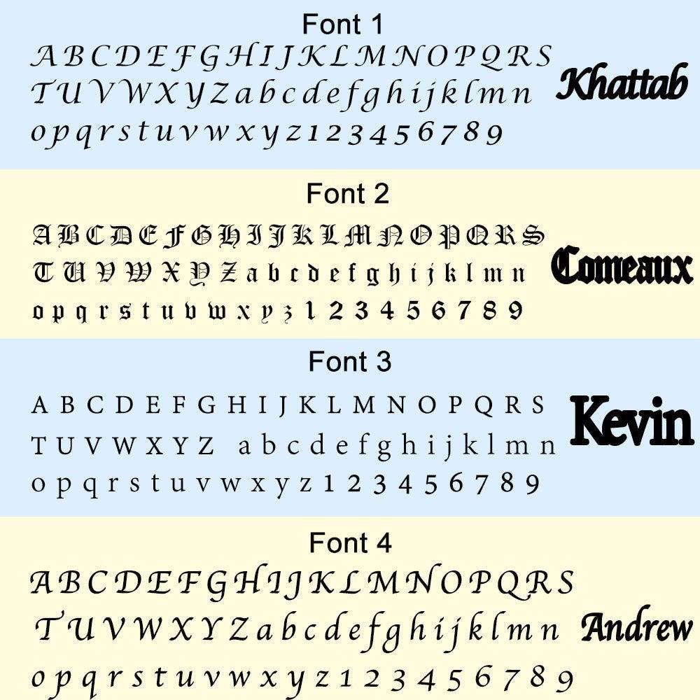 Samples of four different font styles, showcasing alphabets and numbers for customization, with names "Khattab," "Comeaux," and "Andrew" as examples.