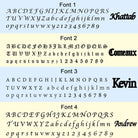 Samples of four different font styles, showcasing alphabets and numbers for customization, with names "Khattab," "Comeaux," and "Andrew" as examples.